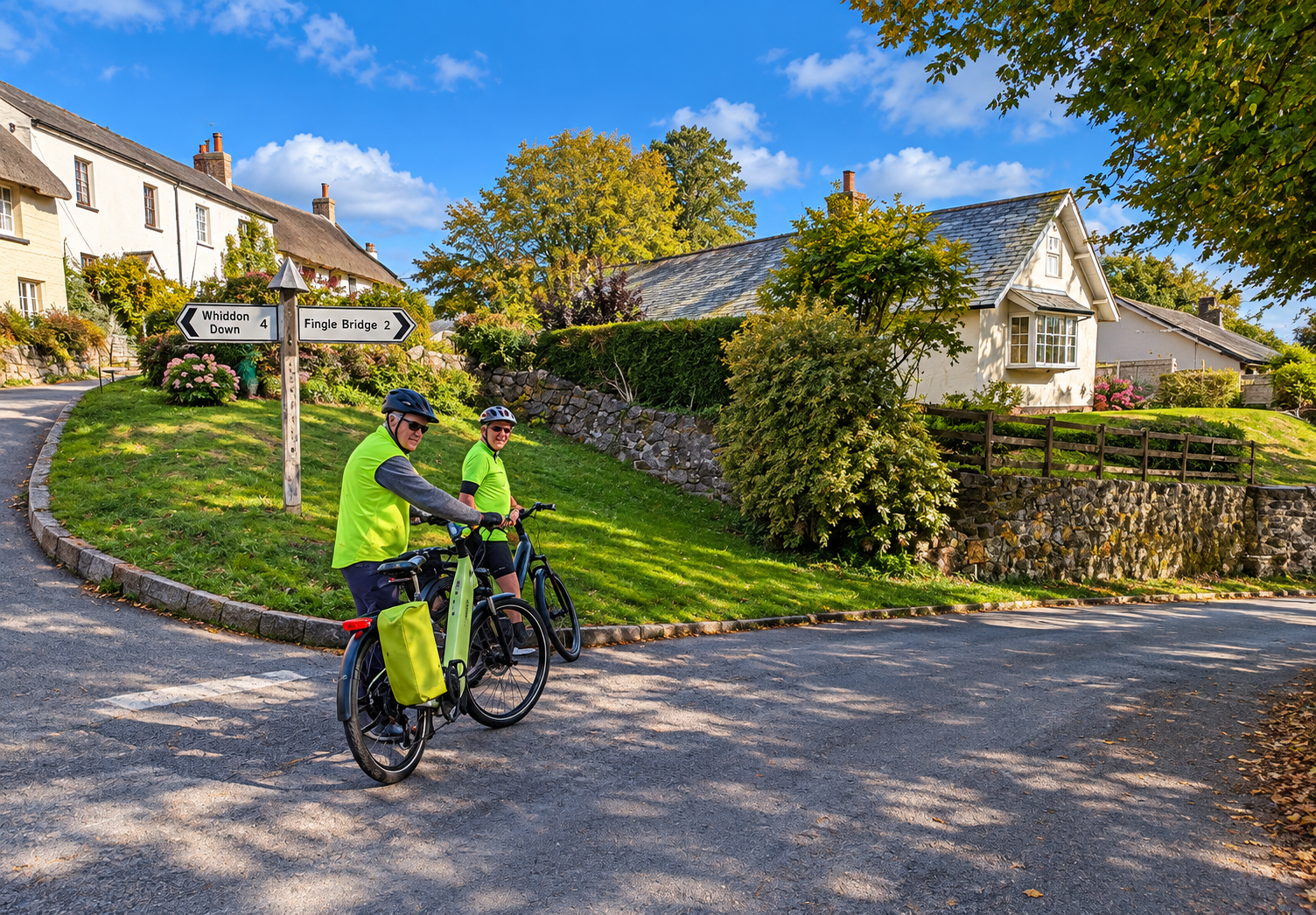 Cyclists at the junction in Drewsteignton